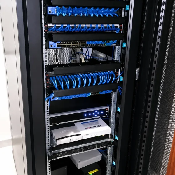 A tall black server rack cabinet in a clean indoor result 1 600x600